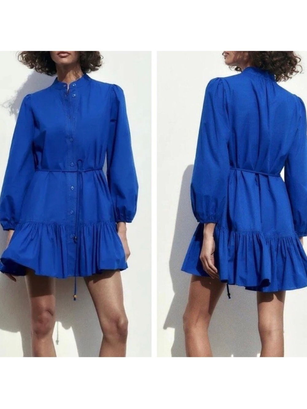 Zara Cobalt Blue Button-Front Ruffle Mini Dress